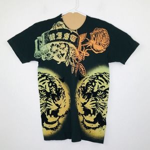 RZST Men's Medium T-Shirt Black Velvet Tiger Rose Ombre Graphic Cotton Tee BP7